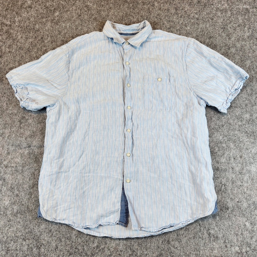 Tommy Bahama Shirt Men L Blue Linen‎ Striped Short Sleeve Beach Casual Pocket